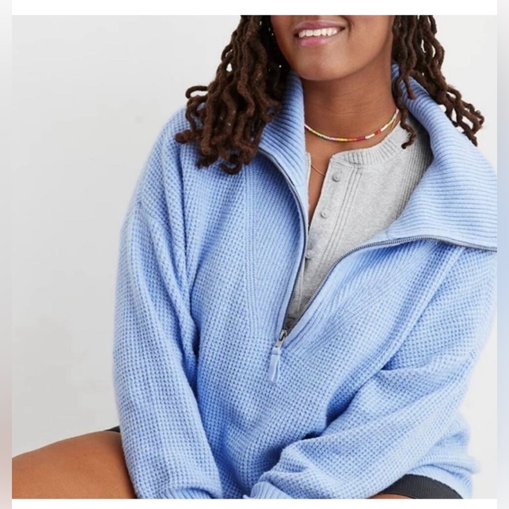 Aerie Baby Blue Women's XL Half Zip Collared Sweater
